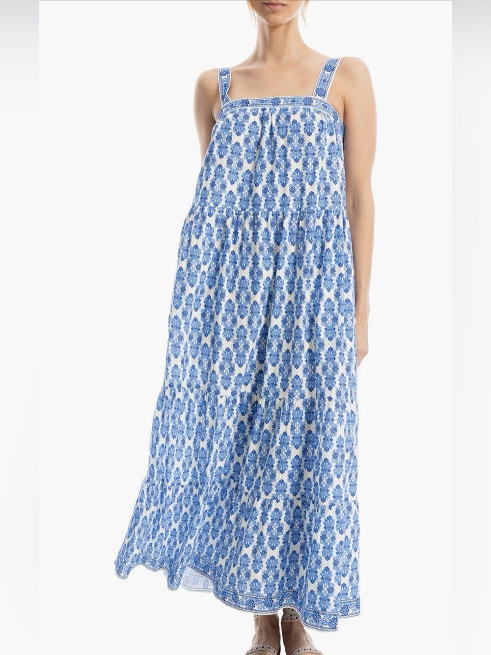 Max Studio London Blue White Printed Tiered Maxi Dress Womens Medium NWT